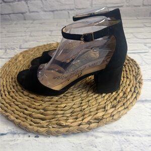 Sam Edelman Black Suede Block Heels w/ Ankle Strap. Open Toe. Size 8.